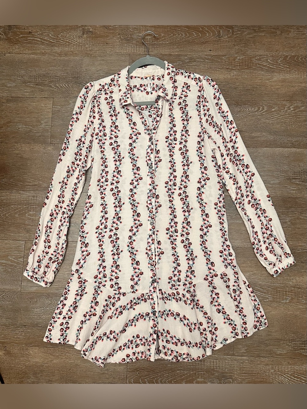 Free People Cream Floral Button-Down Tunic with Red & Pink Accents